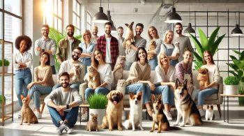 A-photorealistic-group-photo-of-employees-with-their-pets-in-a-bright-and-modern-office-setting-reflecting-a-harmonious-and-happy-pet-friendly-workplace