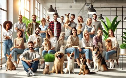 A-photorealistic-group-photo-of-employees-with-their-pets-in-a-bright-and-modern-office-setting-reflecting-a-harmonious-and-happy-pet-friendly-workplace