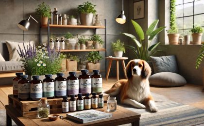 image of a serene setting featuring herbal supplements and essential oil bottles, with a contented pet lounging nearby