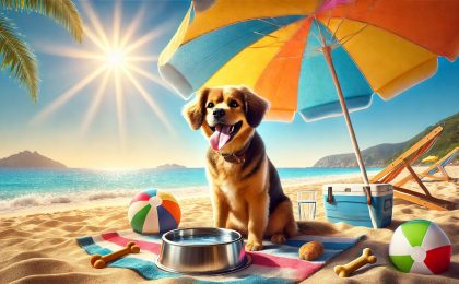 "A dog resting under a beach umbrella with a water bowl nearby on a sunny day."