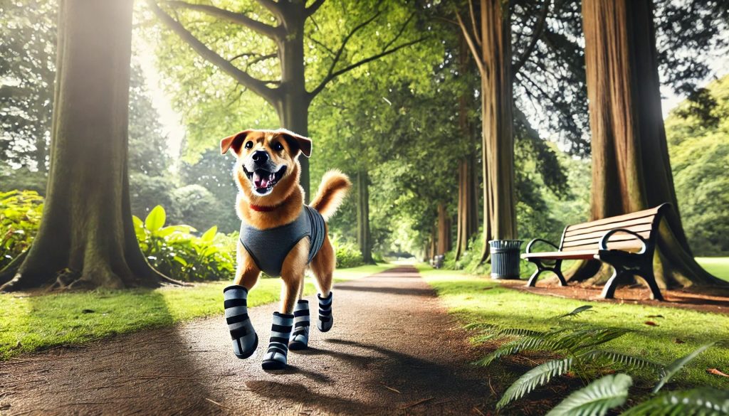 A dog wearing booties walking on a shaded park trail during summer