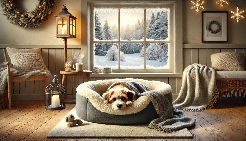 A cozy dog in a fleece-lined bed next to a snowy window.