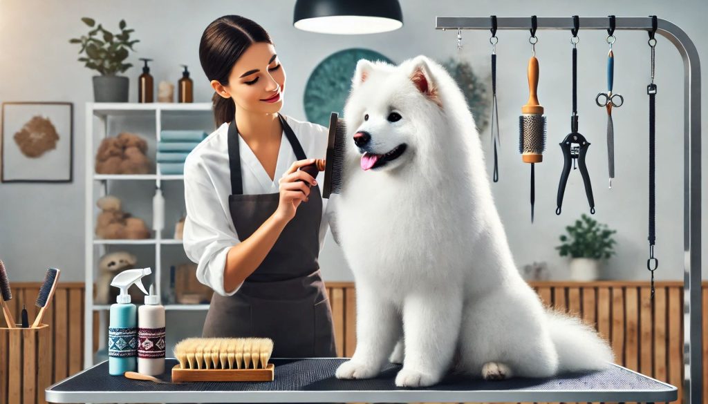 A groomer brushing a fluffy dog with tools displayed on a grooming table.