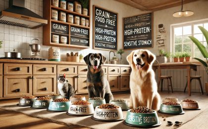 image depicting a cozy kitchen setting with custom pet food bowls labeled for different dietary plans, featuring happy pets enjoying their meals.