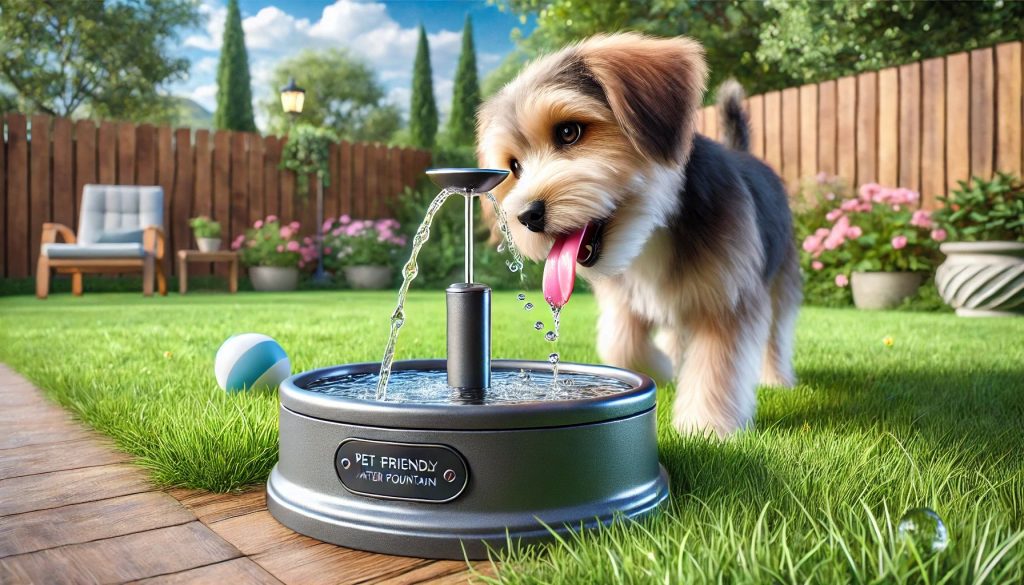 A playful dog drinking from a pet-friendly water fountain in a backyard.