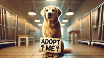 a senior pet at a shelter with a sign reading "Adopt Me," designed to capture a heartwarming and hopeful moment.