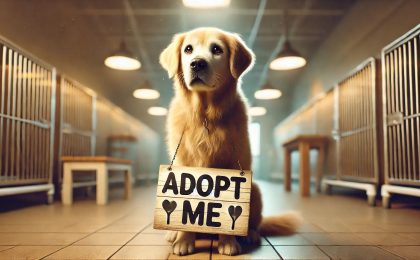 a senior pet at a shelter with a sign reading "Adopt Me," designed to capture a heartwarming and hopeful moment.