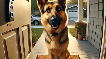 Image capturing Athena, the intelligent German Shepherd, at the doorstep as seen through a doorbell camera. The scene reflects a heartwarming reunion.