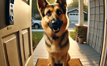 Image capturing Athena, the intelligent German Shepherd, at the doorstep as seen through a doorbell camera. The scene reflects a heartwarming reunion.