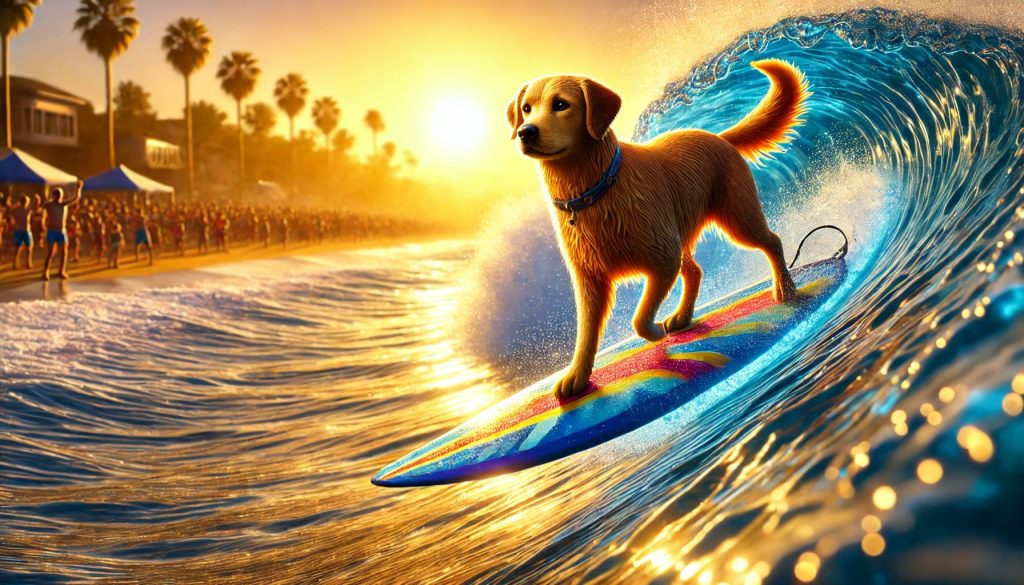 A golden hour shot of a dog surfing on a vibrant blue wave, with the crowd cheering in the background.