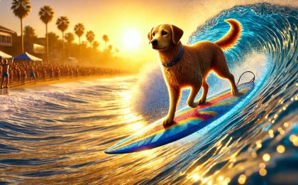 images of the dog surfing during golden hour, capturing the vibrant and energetic scene