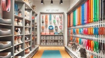 Pet store aisle with colorful collars, leashes, and pet bedding, with some shelves less stocked, reflecting changing consumer demand