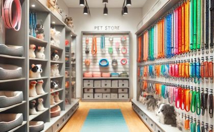 Pet store aisle with colorful collars, leashes, and pet bedding, with some shelves less stocked, reflecting changing consumer demand