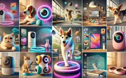 A-vibrant-montage-showcasing-cutting-edge-pet-tech-devices.-The-scene-features-a-variety-of-smart-devices-including-smart-collars-interactive-robotics