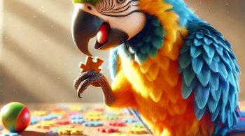 An-image-of-a-brightly-colored-parrot-such-as-a-macaw-surrounded-by-colorful-puzzle-pieces-on-a-wooden-table