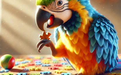 An-image-of-a-brightly-colored-parrot-such-as-a-macaw-surrounded-by-colorful-puzzle-pieces-on-a-wooden-table