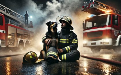 image-of-a-firefighter-sitting-on-the-ground-next-to-a-dog-set-against-the-backdrop-of-smoke-and-fire-engines