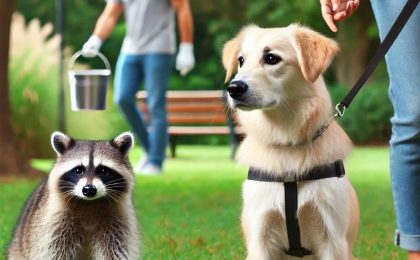 A dog owner walking their healthy dog on a leash in a park, keeping a safe distance from a sickly raccoon in the background.