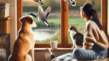 A pet owner keeping their dog and cat indoors, looking out the window at birds outside. The pets appear safe and comfortable inside a cozy home.