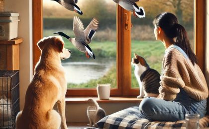 A pet owner keeping their dog and cat indoors, looking out the window at birds outside. The pets appear safe and comfortable inside a cozy home.