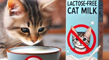 A cat looking at a bowl of milk with a caution sign, promoting safer alternatives for feline digestion.