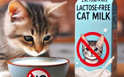 A cat looking at a bowl of milk with a caution sign, promoting safer alternatives for feline digestion.