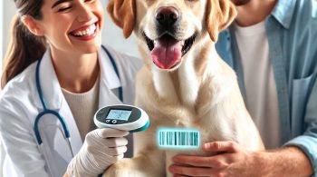 A happy Labrador Retriever getting scanned with a microchip reader by a smiling veterinarian in a bright and clean clinic