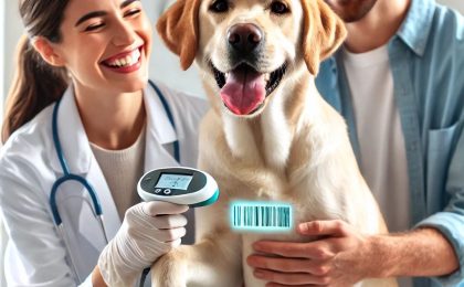 A happy Labrador Retriever getting scanned with a microchip reader by a smiling veterinarian in a bright and clean clinic