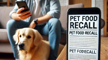 A pet owner checking a pet food recall notice on their smartphone with their dog nearby.