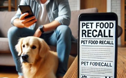 A pet owner checking a pet food recall notice on their smartphone with their dog nearby.