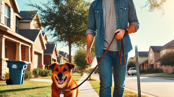 A responsible pet owner walking a leashed dog in a Texas neighborhood, highlighting pet ownership laws like microchipping and leash regulations.