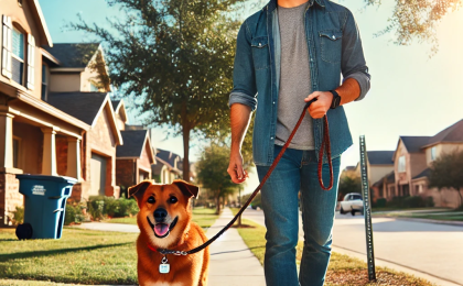 A responsible pet owner walking a leashed dog in a Texas neighborhood, highlighting pet ownership laws like microchipping and leash regulations.